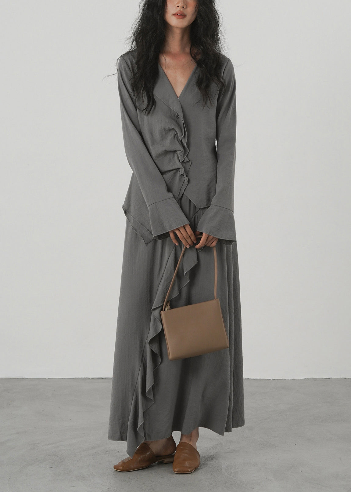 Ensemble Femme Deux Pièces Asymétrique à Volants Col V Manches Longues 1
