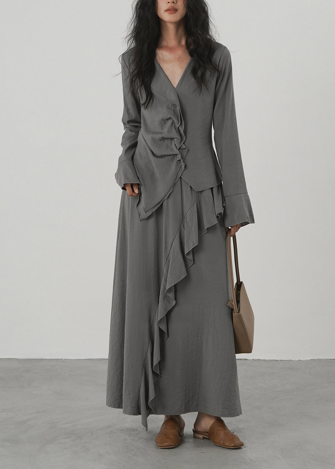Ensemble Femme Deux Pièces Asymétrique à Volants Col V Manches Longues 2