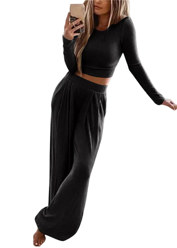Ensemble Femme Deux Pièces Col Rond Pantalon Large Manches Longues 0