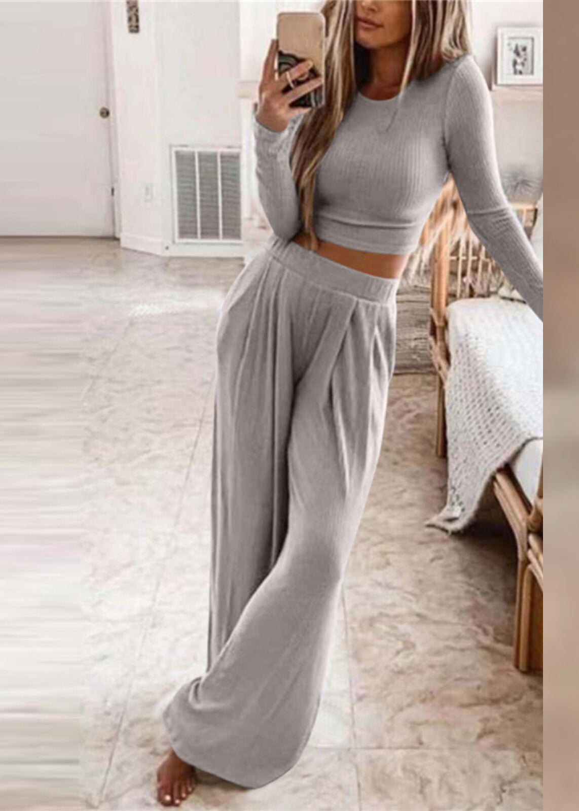 Ensemble Femme Deux Pièces Col Rond Pantalon Large Manches Longues 2