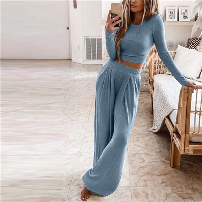 Ensemble Femme Deux Pièces Col Rond Pantalon Large Manches Longues 3