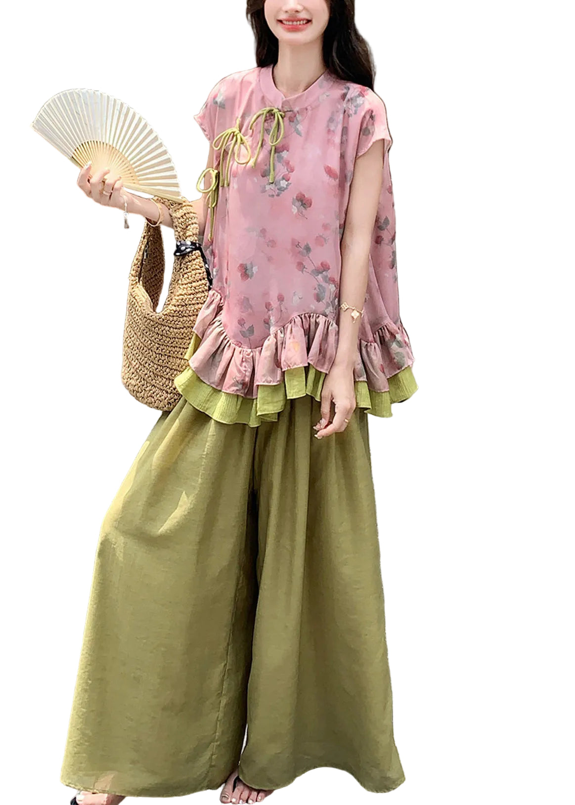 Ensemble Femme Deux Pièces Décontracté Volants et Pantalon Large 0