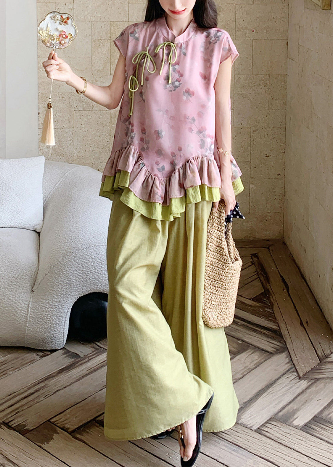 Ensemble Femme Deux Pièces Décontracté Volants et Pantalon Large 4