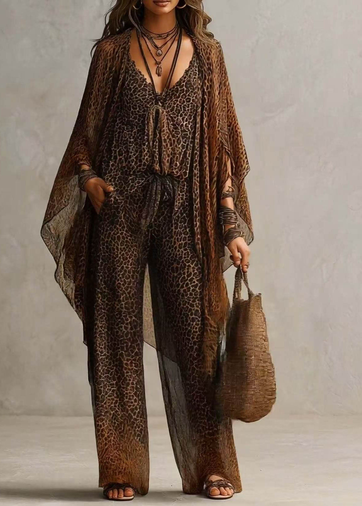 Ensemble Femme Deux Pièces Décontracté à Motif Léopard avec Combinaison Manches Longues 1