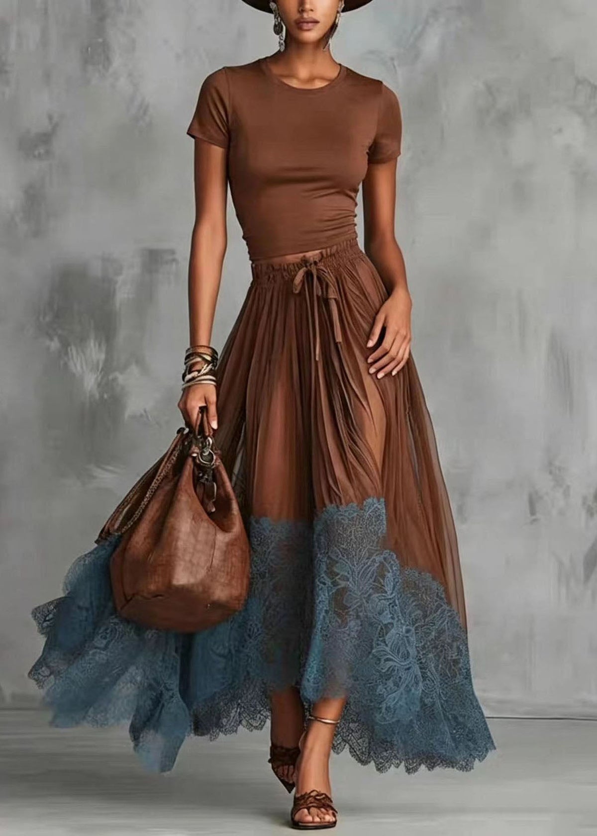 Ensemble Femme Deux Pièces Haut Col Rond et Jupe Patchwork Dentelle 2