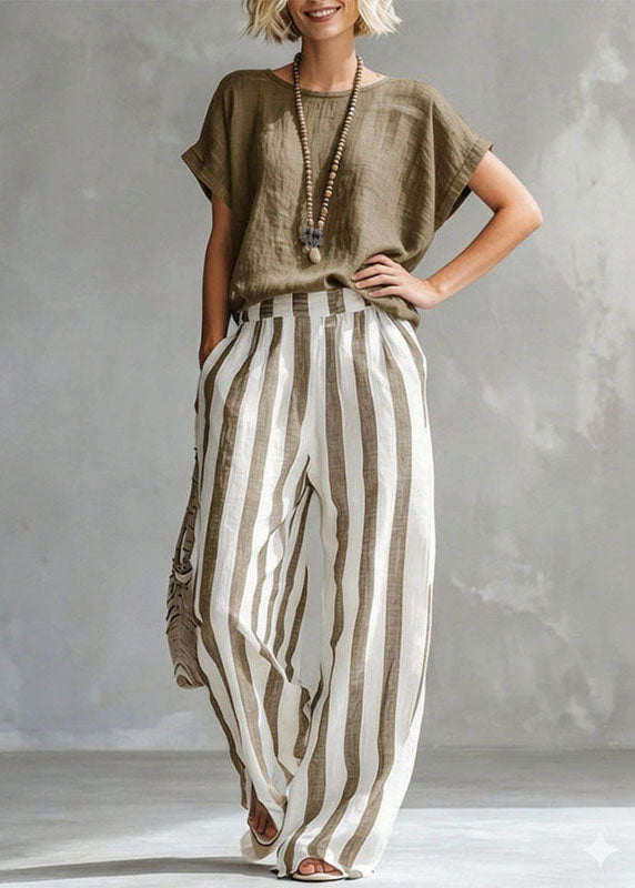 Ensemble Femme Deux Pièces Haut Col Rond et Pantalon Droit Rayé 2