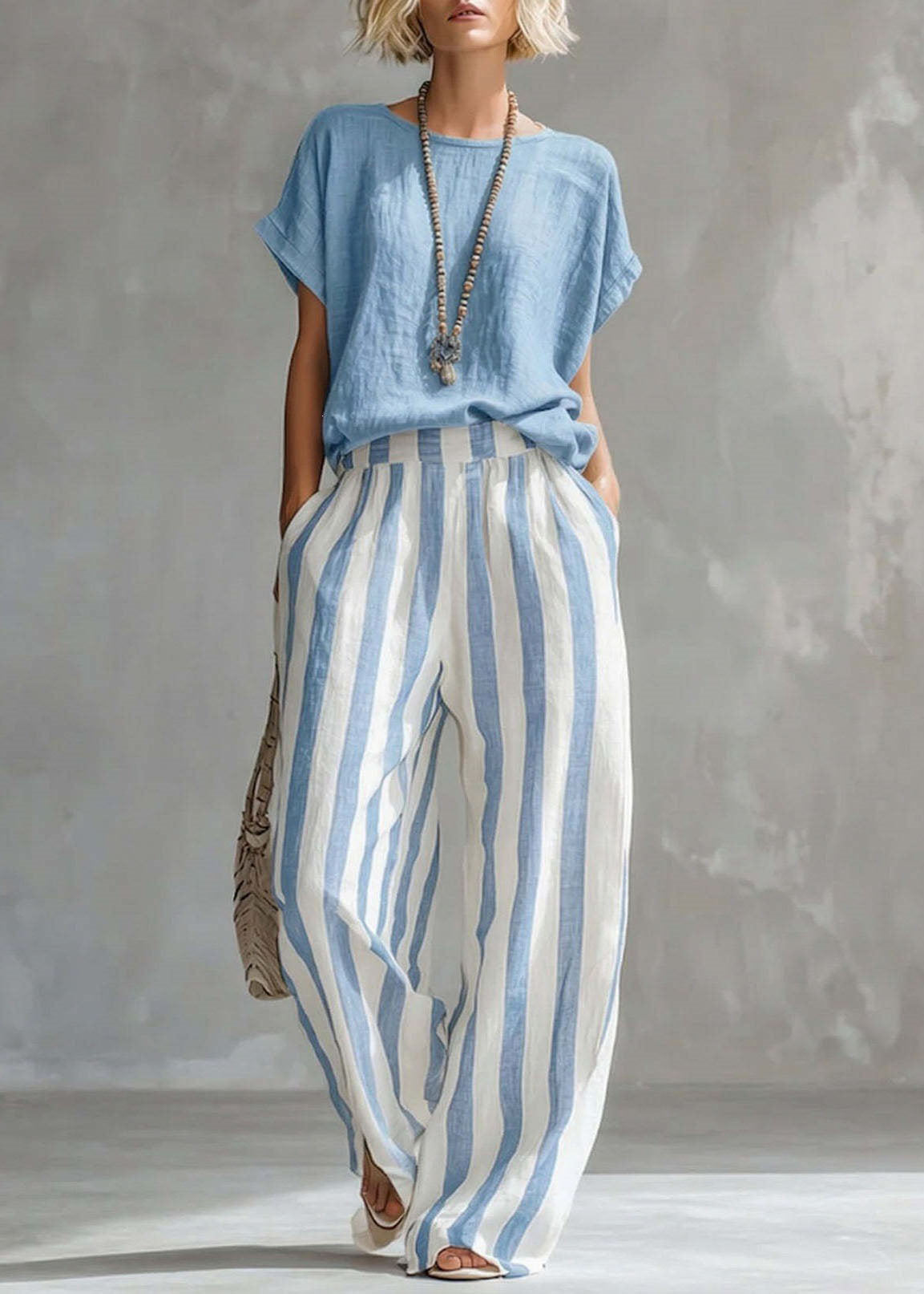 Ensemble Femme Deux Pièces Haut Col Rond et Pantalon Droit Rayé 3