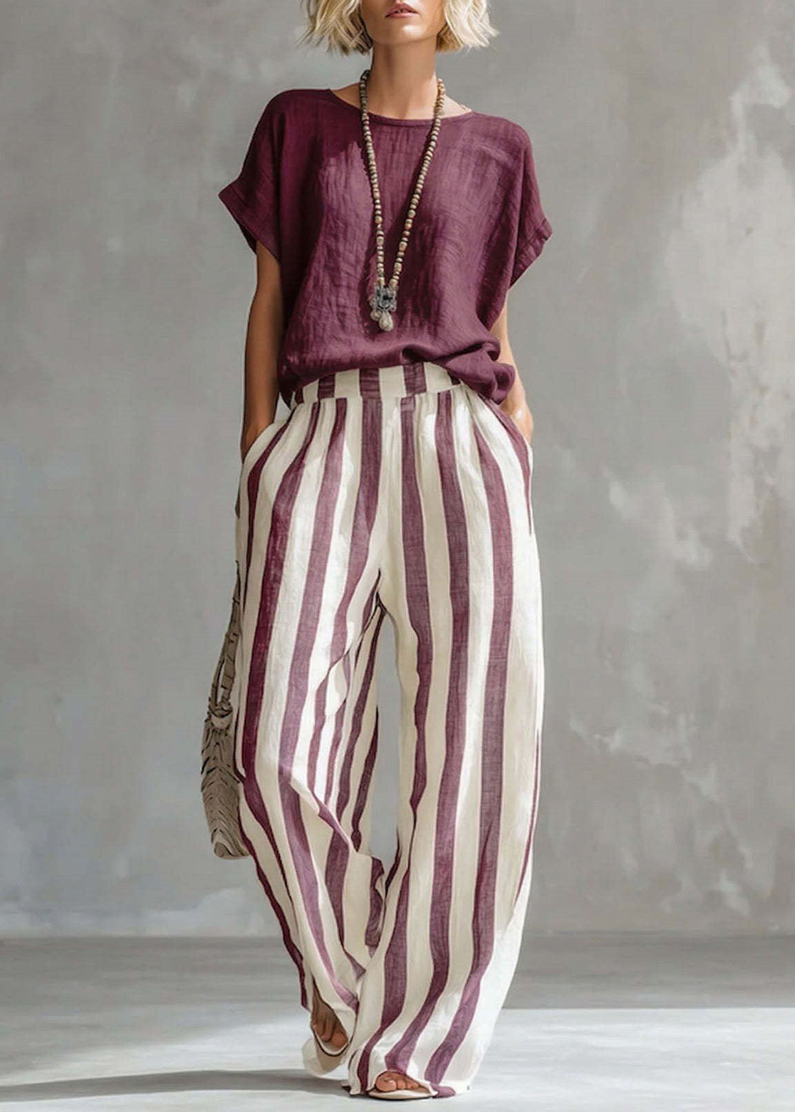 Ensemble Femme Deux Pièces Haut Col Rond et Pantalon Droit Rayé 4