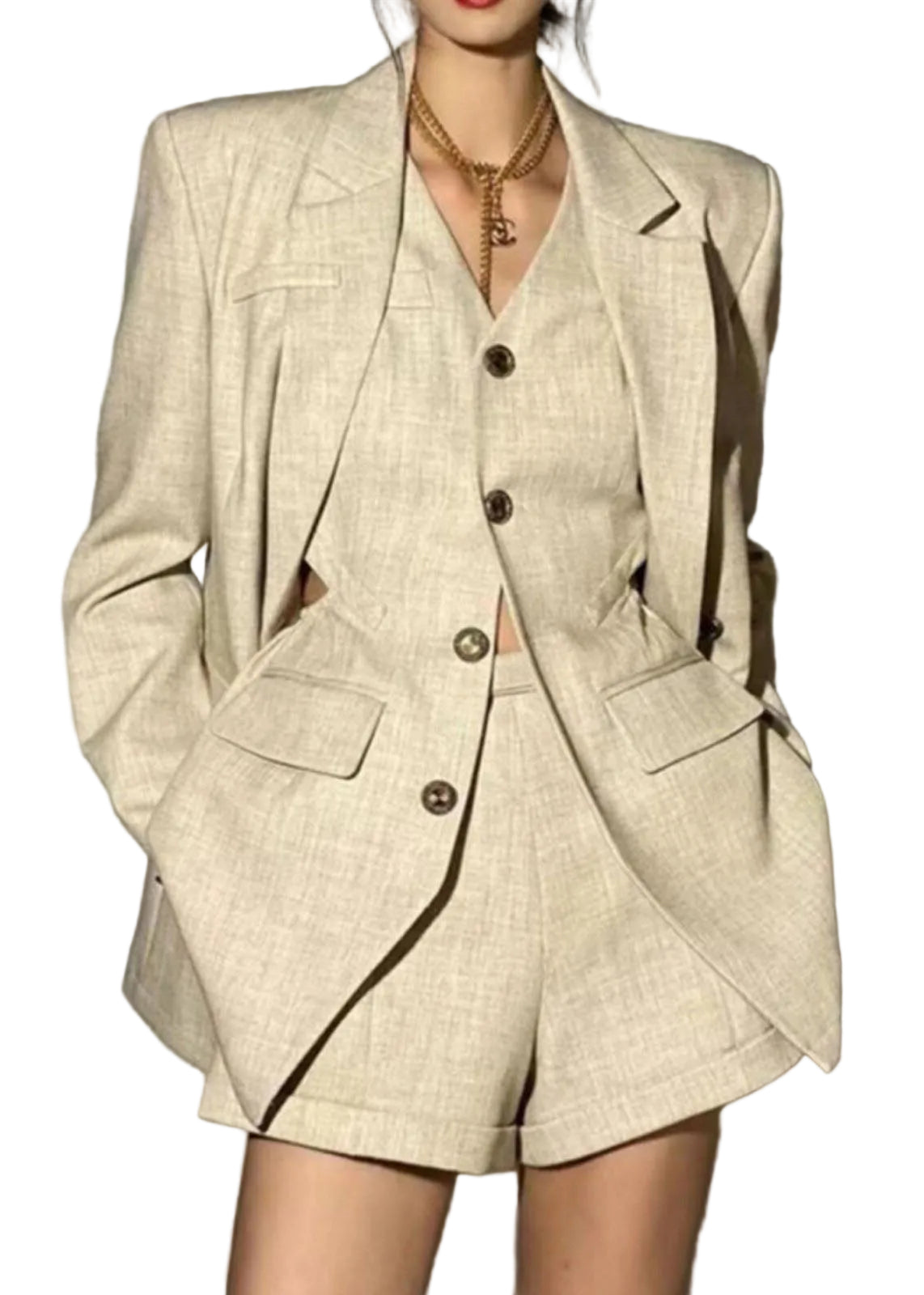 Ensemble Femme Deux Pièces Manteau et Short Ajouré Automnal 0