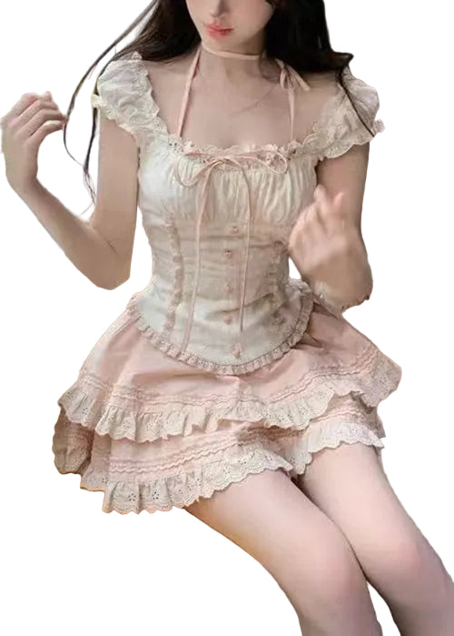 Ensemble Femme Deux Pièces Patchwork Volants Lacets Été 0