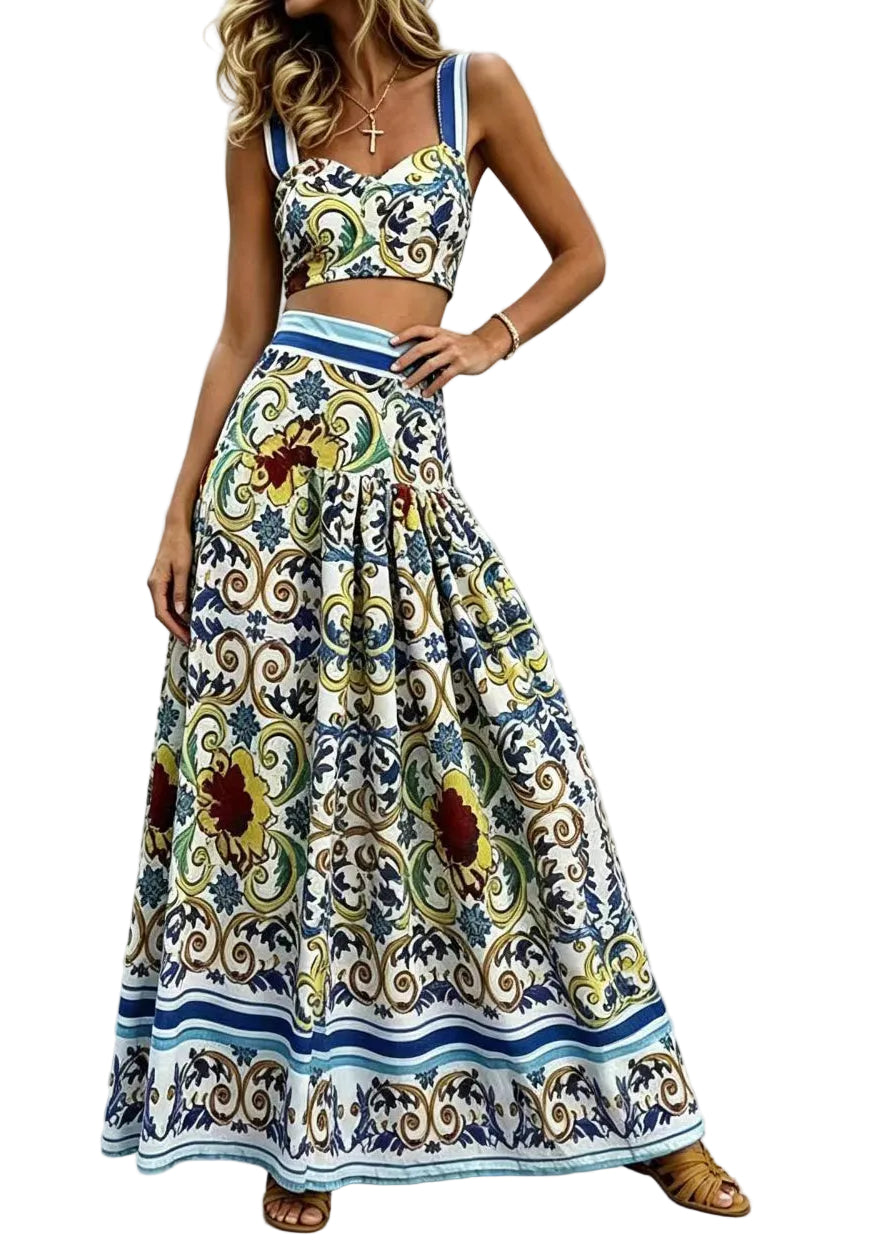 Ensemble Femme Deux Pièces Style Bohème Caraco et Jupe Imprimés 0