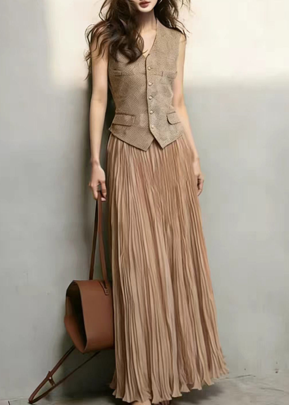 Ensemble Femme Gilet Sans Manches et Jupe Froissée Chic 0