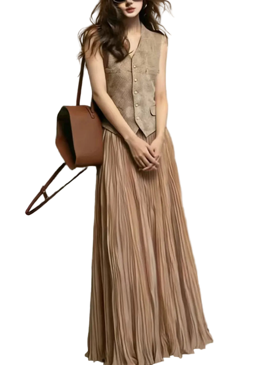 Ensemble Femme Gilet Sans Manches et Jupe Froissée Chic 1
