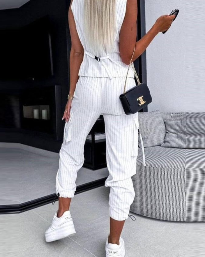 Ensemble Femme Gilet et Pantalon Rayé Tissu Léger Casual 3
