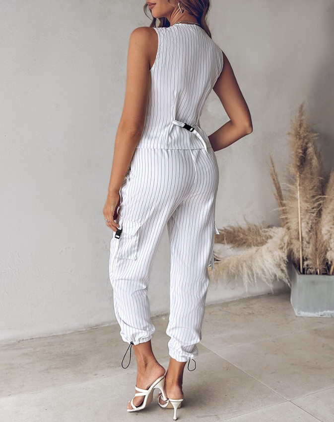Ensemble Femme Gilet et Pantalon Rayé Tissu Léger Casual 7