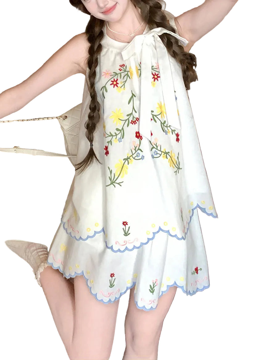 Ensemble Femme Haut Brodé et Jupe Lin Style Estival 0