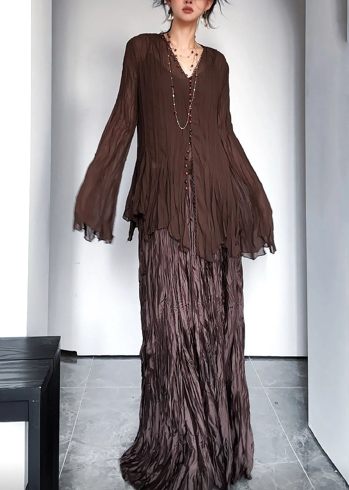 Ensemble Femme Haut Froissé Col V Vintage et Jupe Longue Automne 1