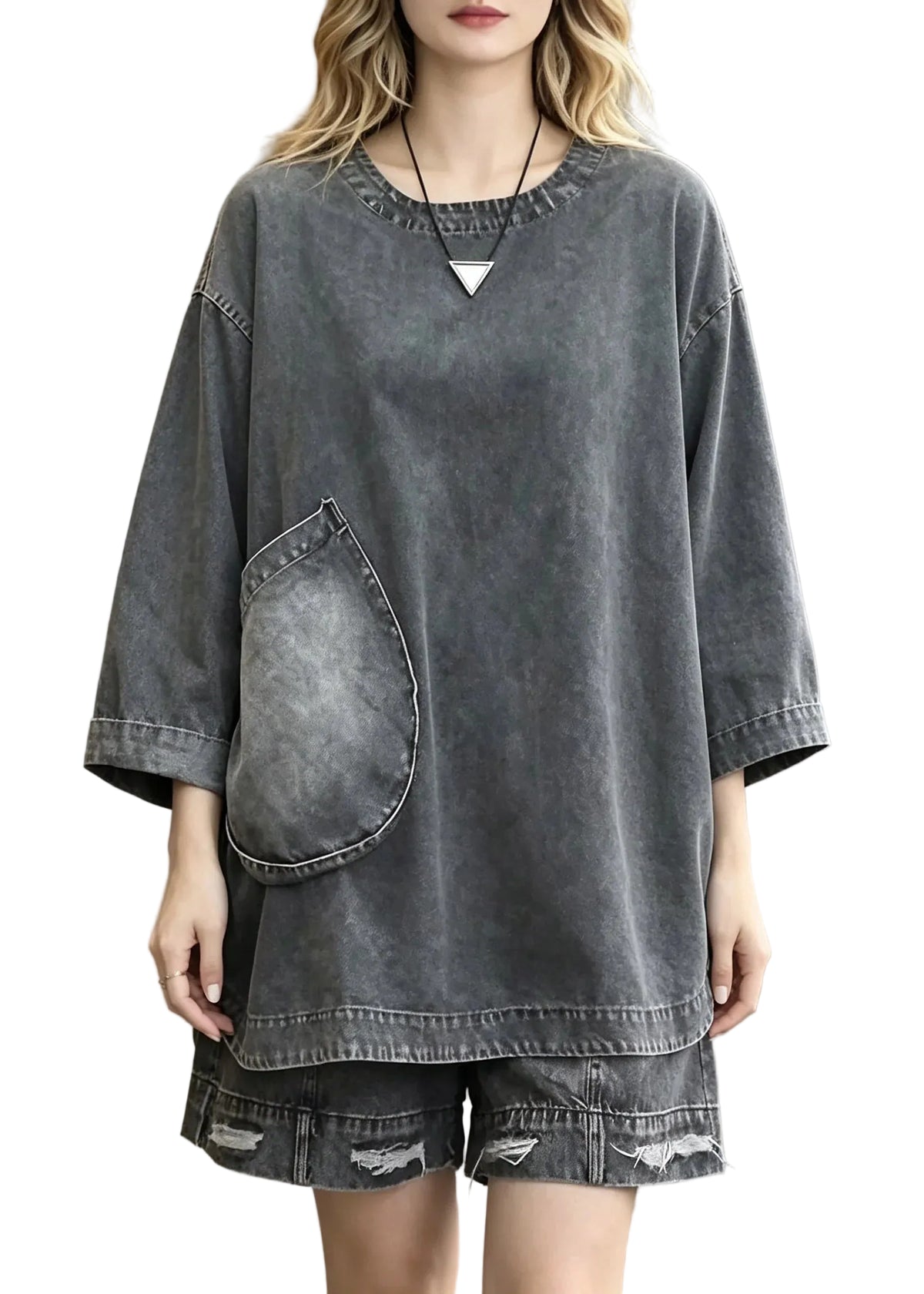 Ensemble Femme Haut Manches Longues et Short Patchwork Denim 0