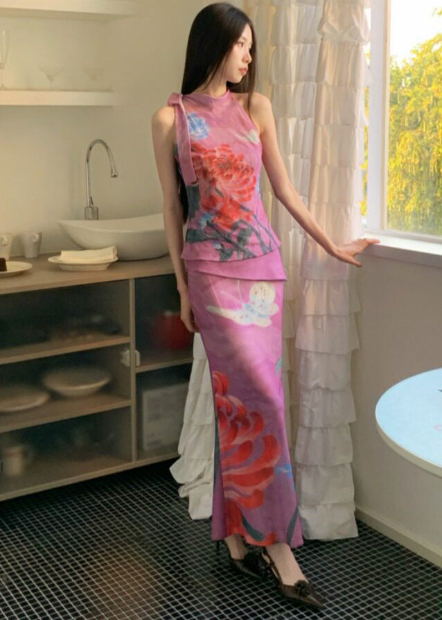 Ensemble Femme Haut Sans Manches et Jupe Style Chinois Réversible 1