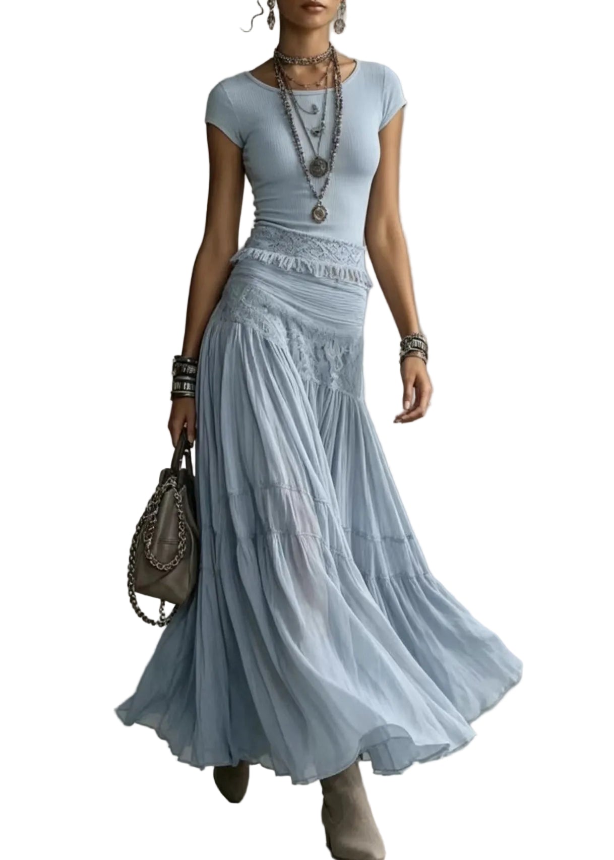 Ensemble Femme Haut Tricot Pampilles et Jupe Longue Mousseline Sans Manches 0