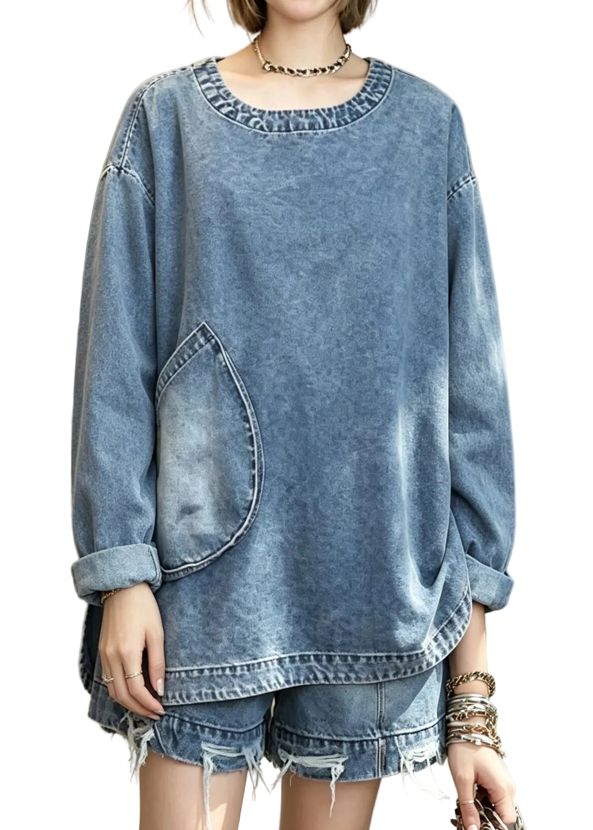 Ensemble Femme Haut et Short Denim Style Décontracté 0