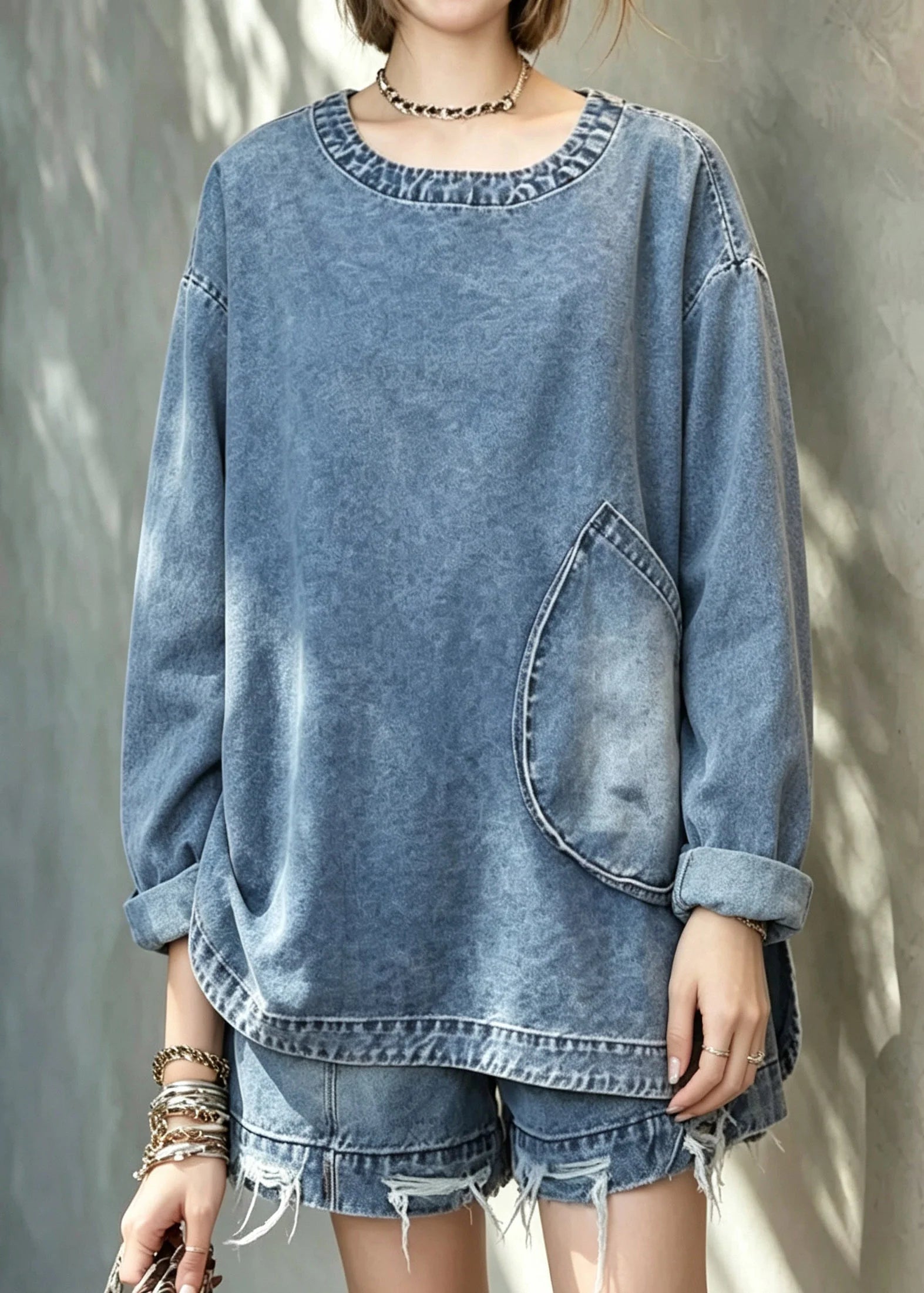 Ensemble Femme Haut et Short Denim Style Décontracté 2