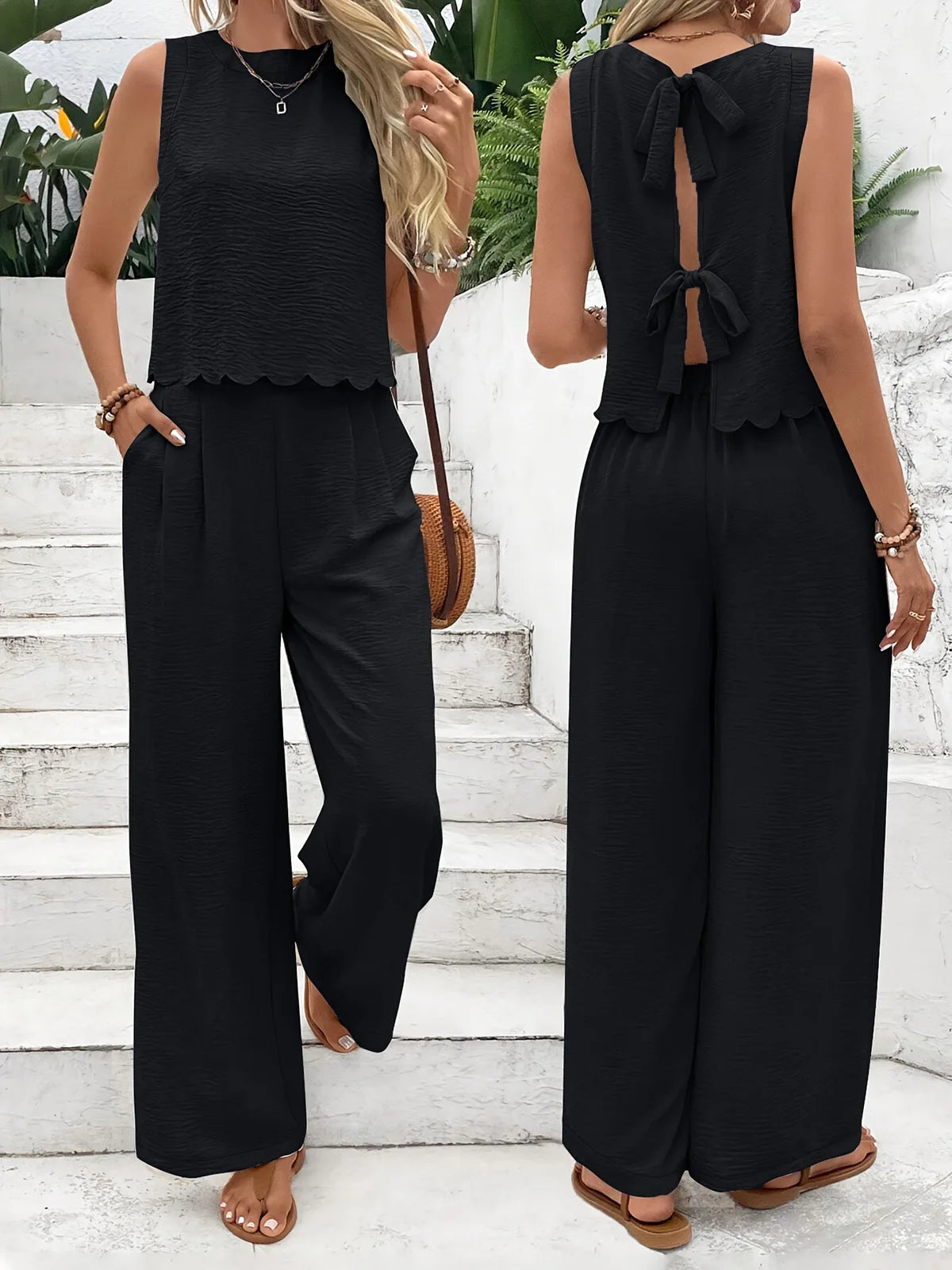 Ensemble Femme Lin Décontracté Haut Sans Manches Pantalon 2