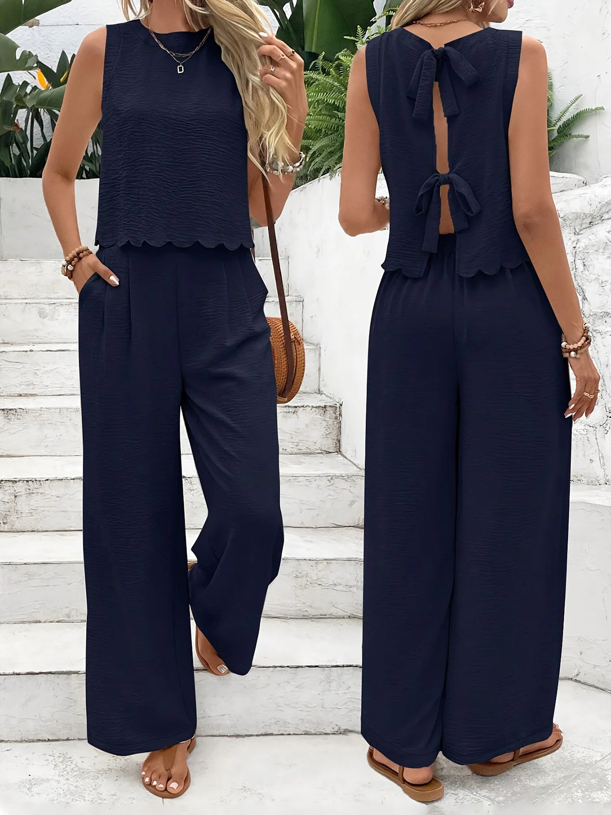Ensemble Femme Lin Décontracté Haut Sans Manches Pantalon 5