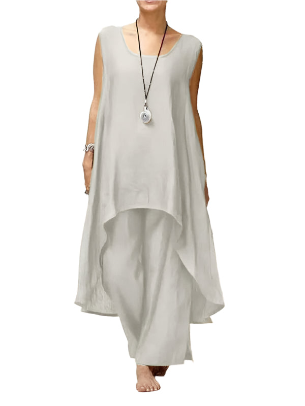 Ensemble Femme Pantalon Large Jambes Irregulières Sans Manches en Lin et Coton 0