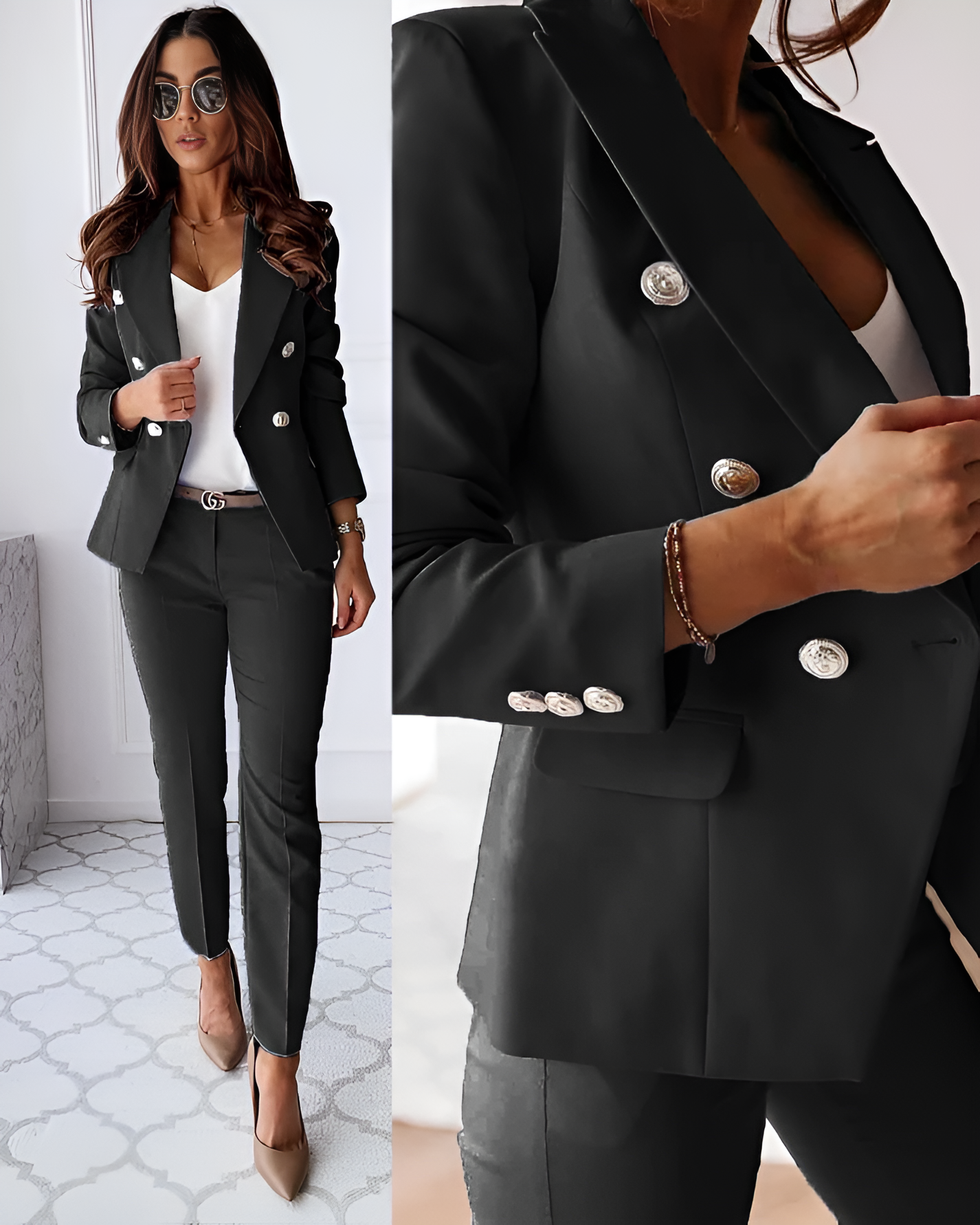 Ensemble Femme Tailleur Pantalon Chic en Tissu Mélangé 4