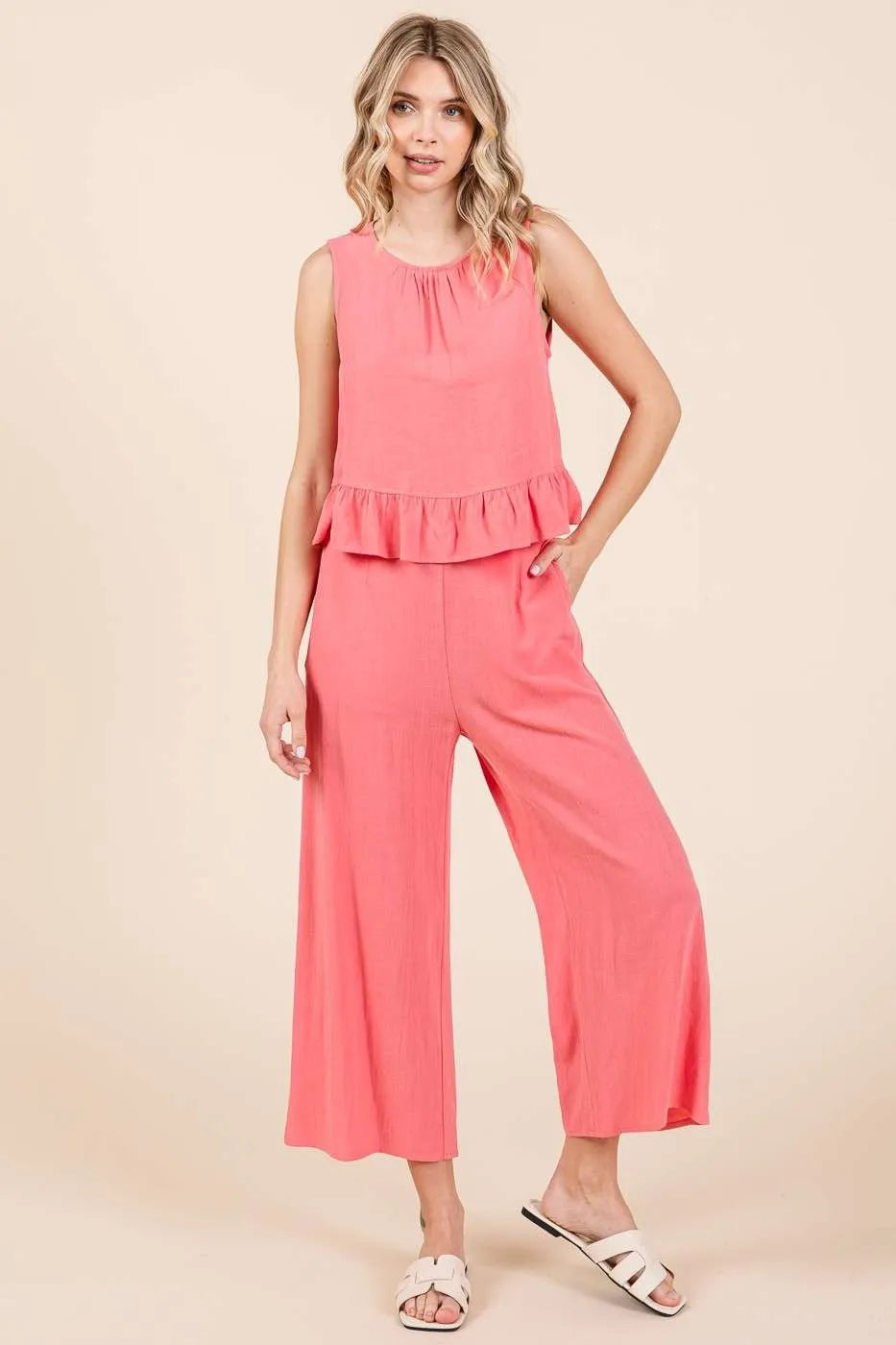 Ensemble Femme Top à Volants en Lin et Pantalon 1