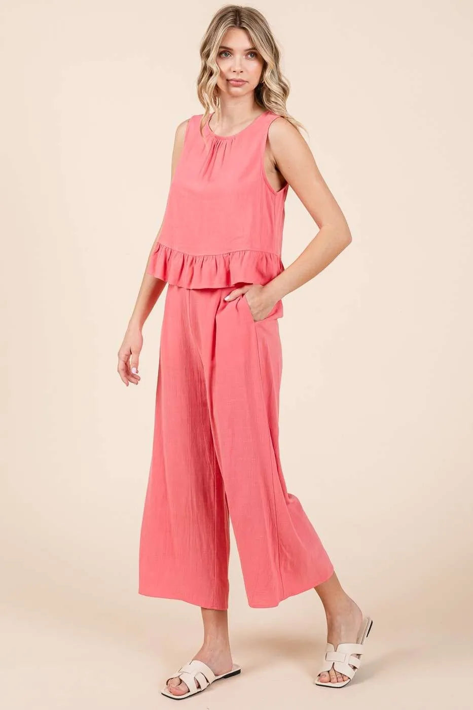Ensemble Femme Top à Volants en Lin et Pantalon 2