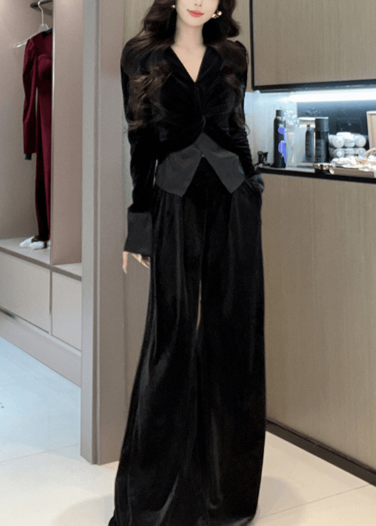 Ensemble Femme en Velours Vert à Col V et Pantalon Large 1