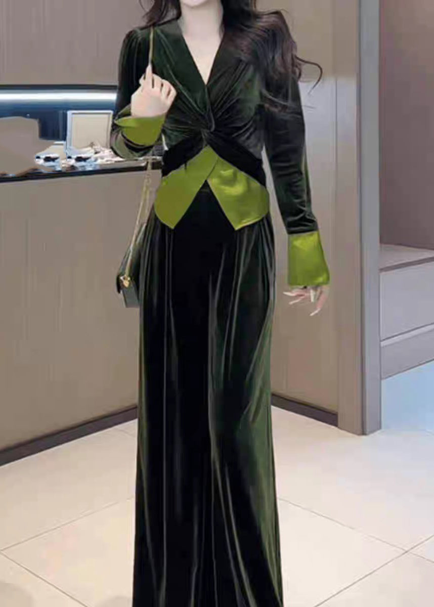 Ensemble Femme en Velours Vert à Col V et Pantalon Large 2