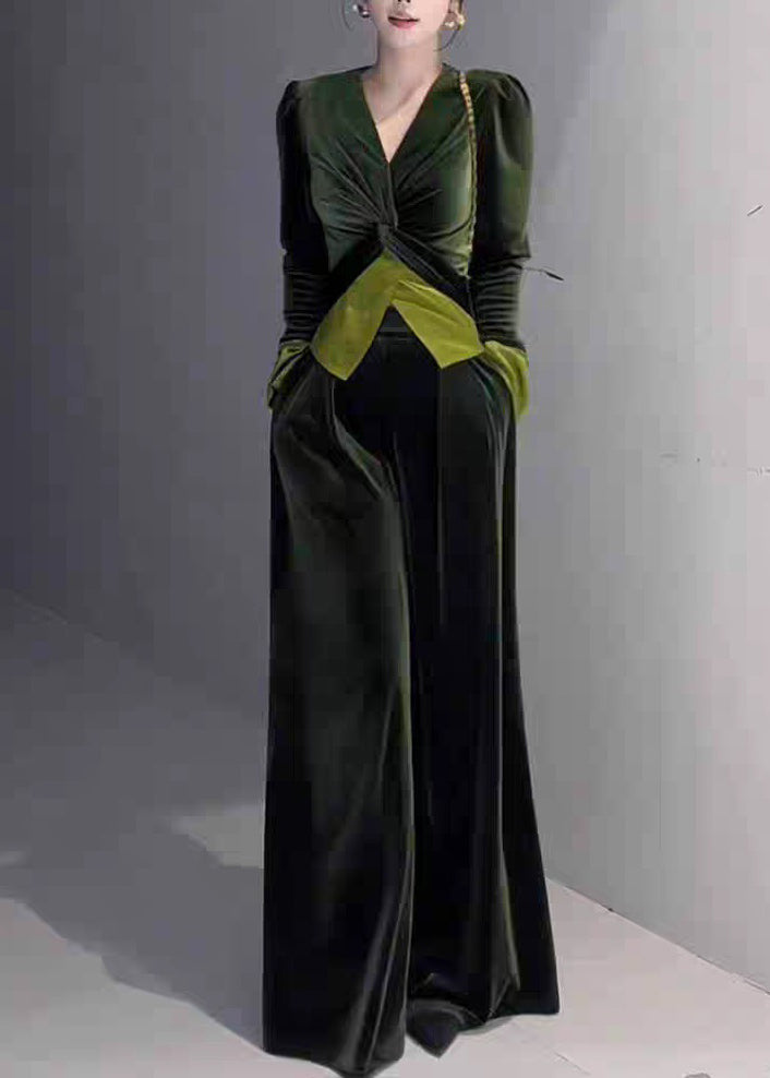 Ensemble Femme en Velours Vert à Col V et Pantalon Large 4