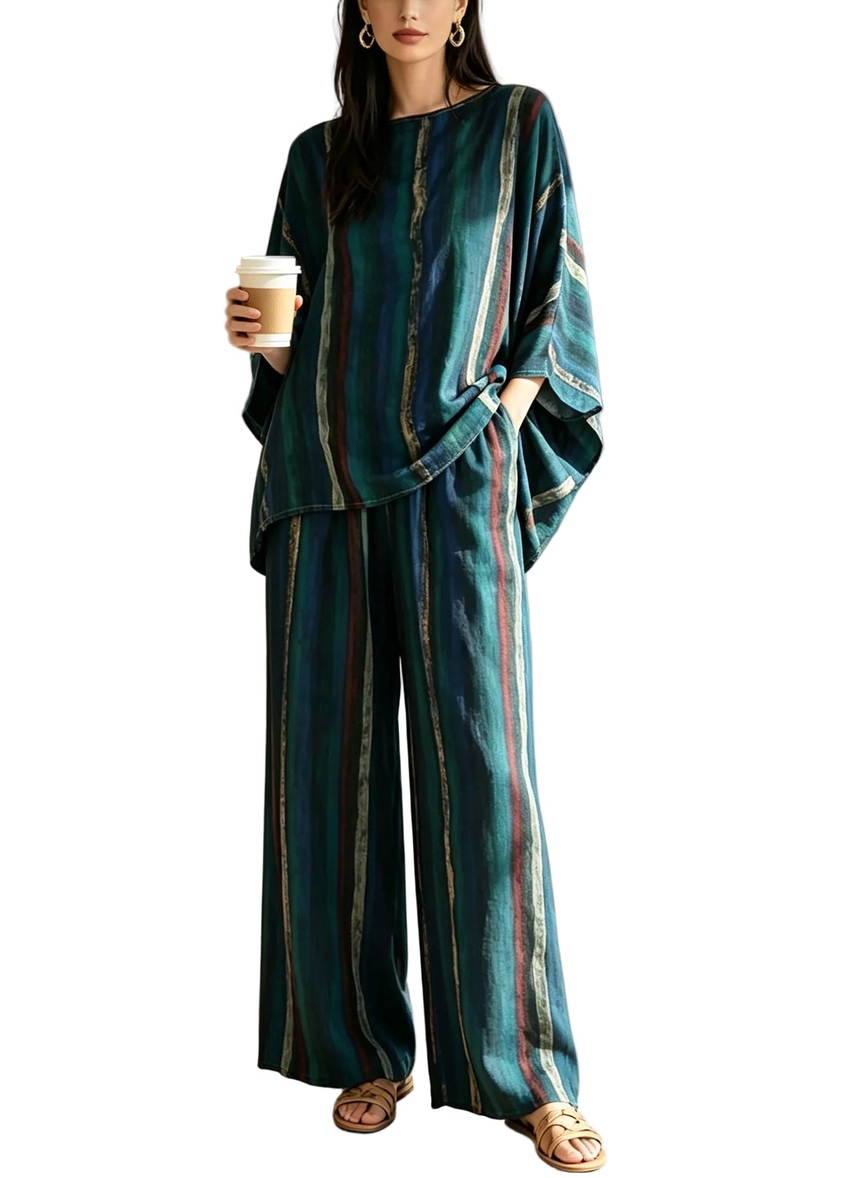 Ensemble Pyjama Femme Ample Manches Chauve-Souris Col Rond 1