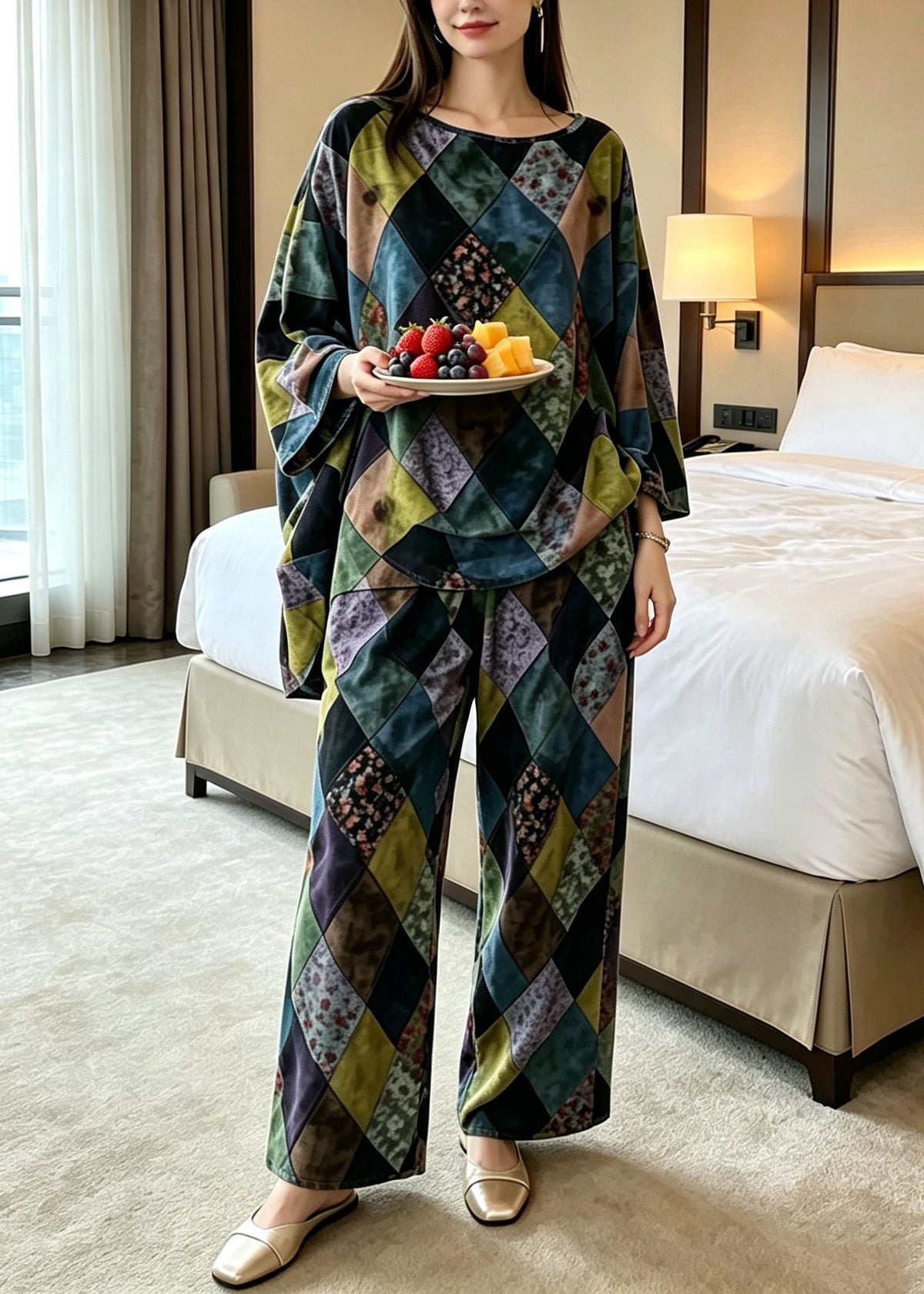 Ensemble Pyjama Femme Ample Manches Chauve-Souris Col Rond 2