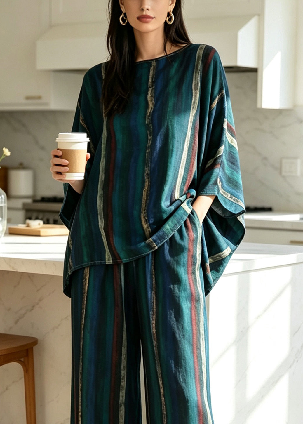 Ensemble Pyjama Femme Ample Manches Chauve-Souris Col Rond 4