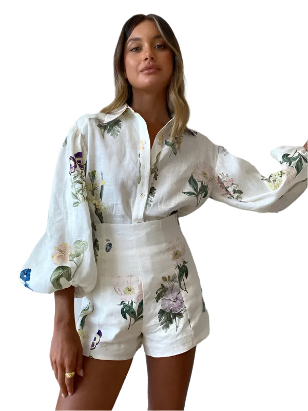Ensemble Sport Femme Blouse Longue à Manches Bouffantes et Short Taille Haute Floral Polyester Élasthanne 0