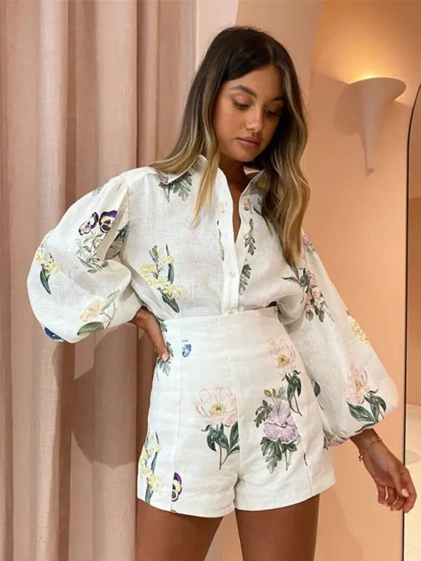 Ensemble Sport Femme Blouse Longue à Manches Bouffantes et Short Taille Haute Floral Polyester Élasthanne 2