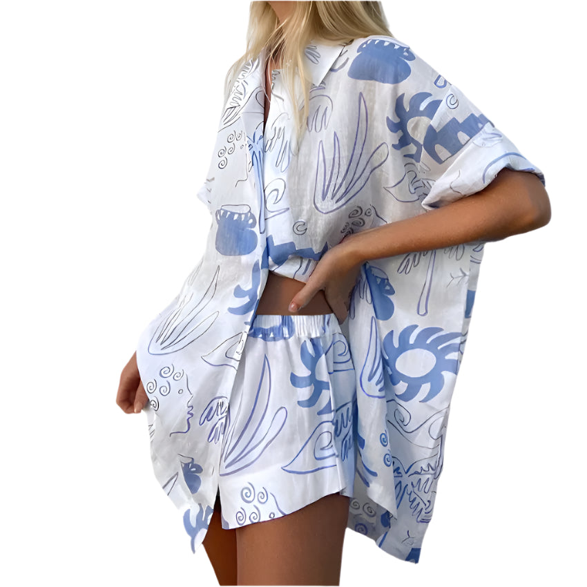 Ensemble de Plage Femme Coton Imprimé Abstrait Chemise à Boutons et Short Décontracté 0