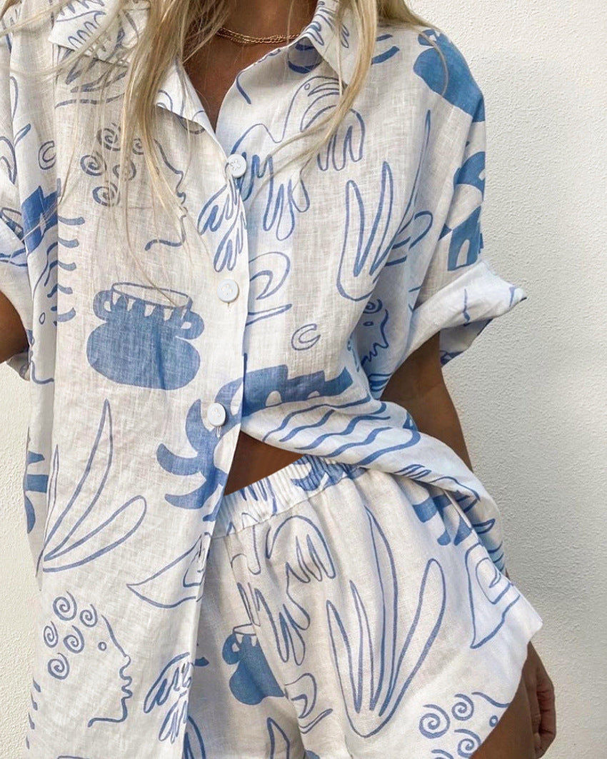 Ensemble de Plage Femme Coton Imprimé Abstrait Chemise à Boutons et Short Décontracté 2
