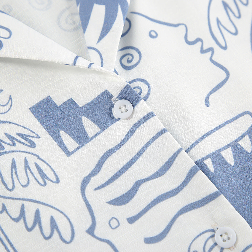 Ensemble de Plage Femme Coton Imprimé Abstrait Chemise à Boutons et Short Décontracté 4