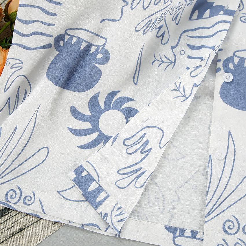 Ensemble de Plage Femme Coton Imprimé Abstrait Chemise à Boutons et Short Décontracté 5