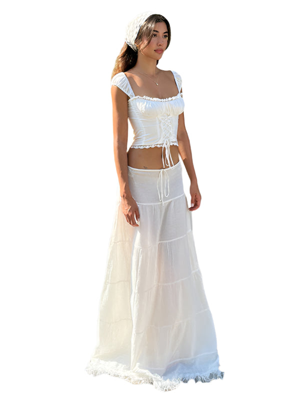 Ensemble de Vacances Femme Haut Halter en Dentelle et Jupe Longue Aérée 0