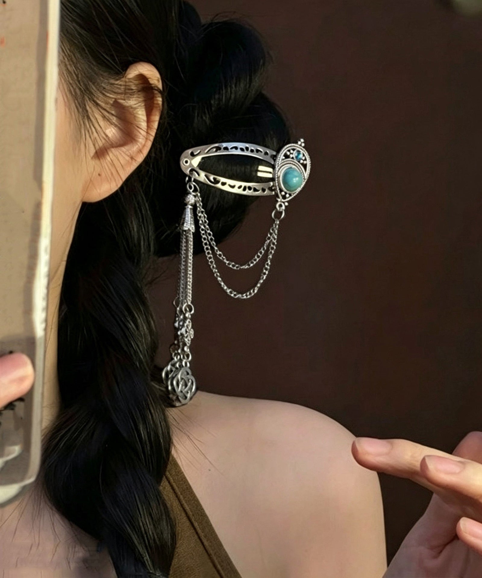 Épingle à cheveux femme à pampilles turquoise style bohème 4