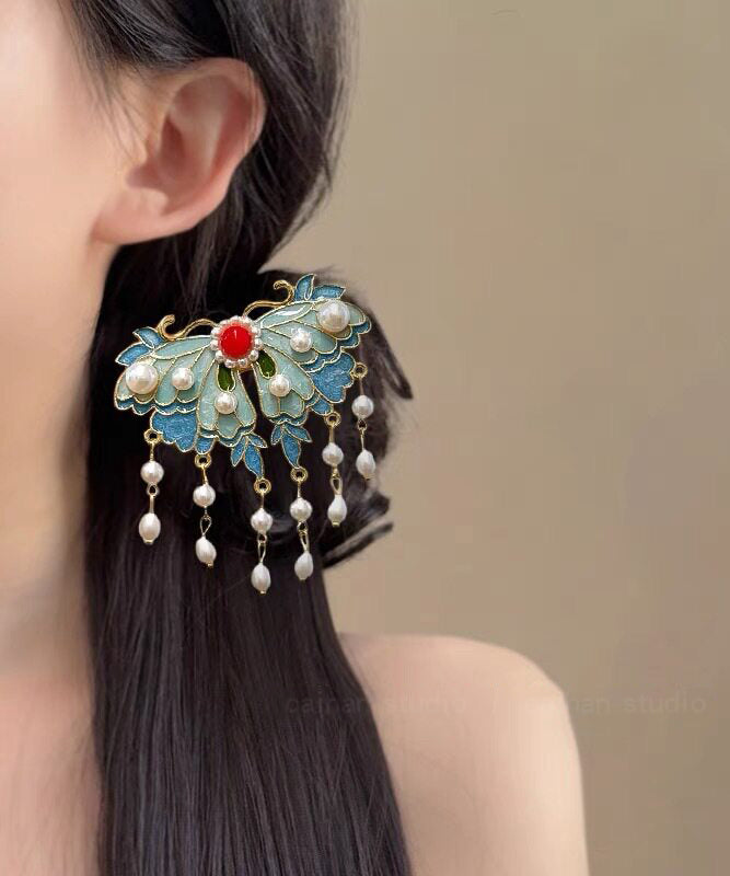 Épingle à cheveux papillon bleu avec perle et gland 0