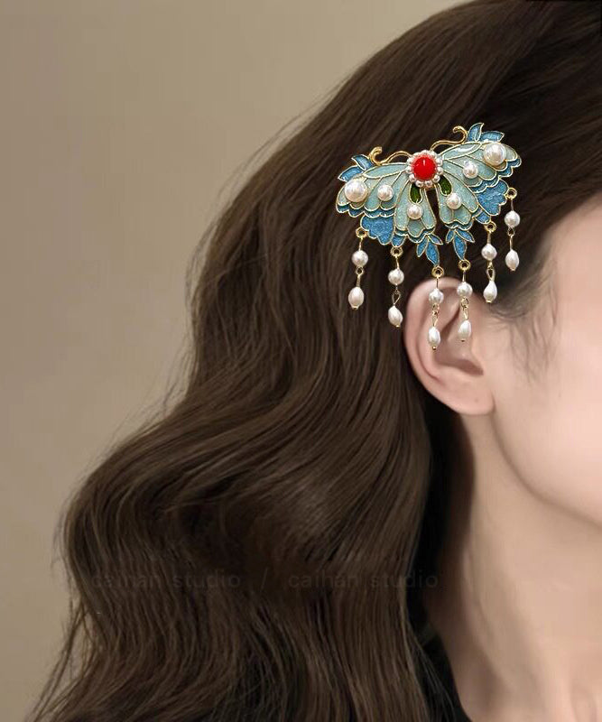 Épingle à cheveux papillon bleu avec perle et gland 2