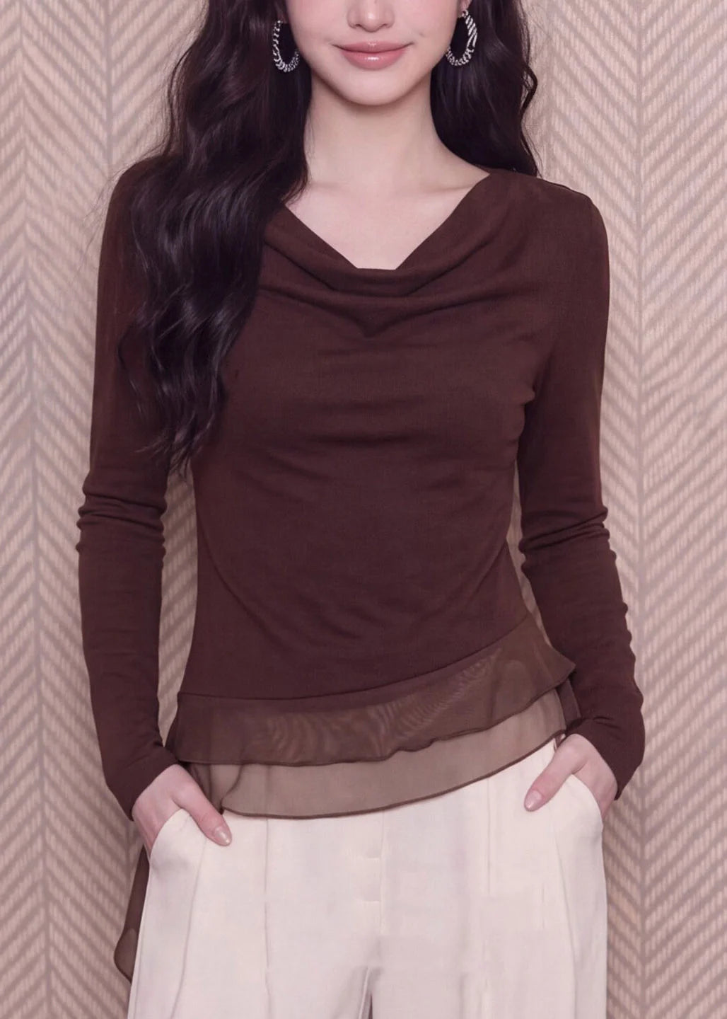 Femme Haut Asymétrique Manches Longues Style Patchwork 1