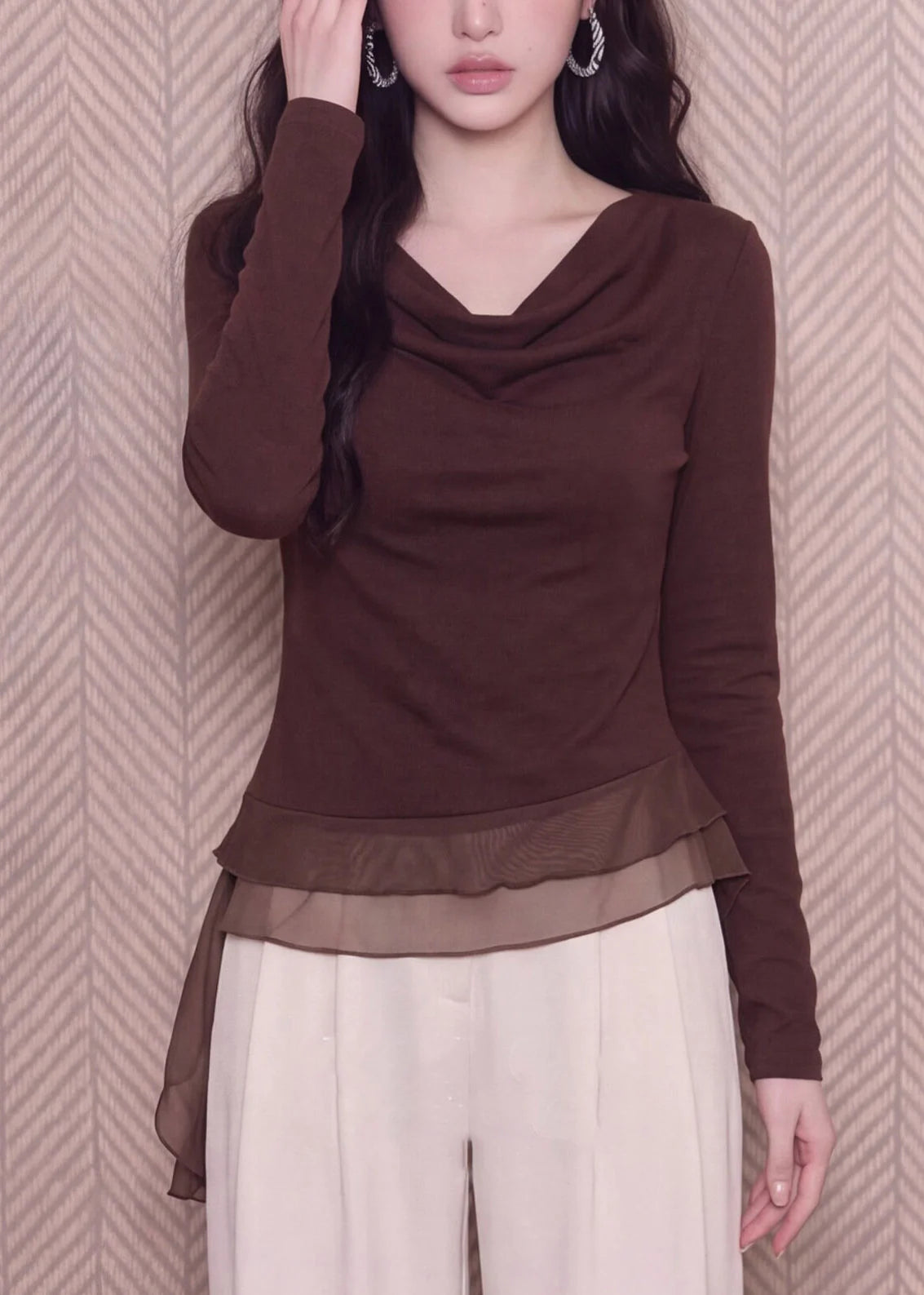 Femme Haut Asymétrique Manches Longues Style Patchwork 3
